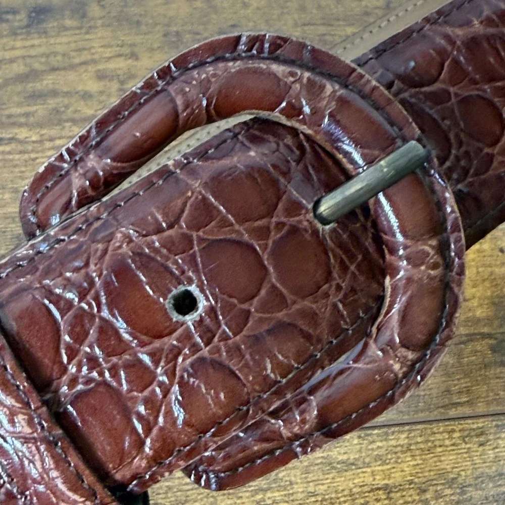 VTG Mark Shale Men's Genuine Leather Belt Large Brown Croc Embossed Print Preppy